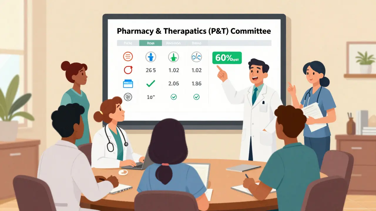 Diverse medical team reviewing drug formulary on a screen with cost comparisons and checkmarks.