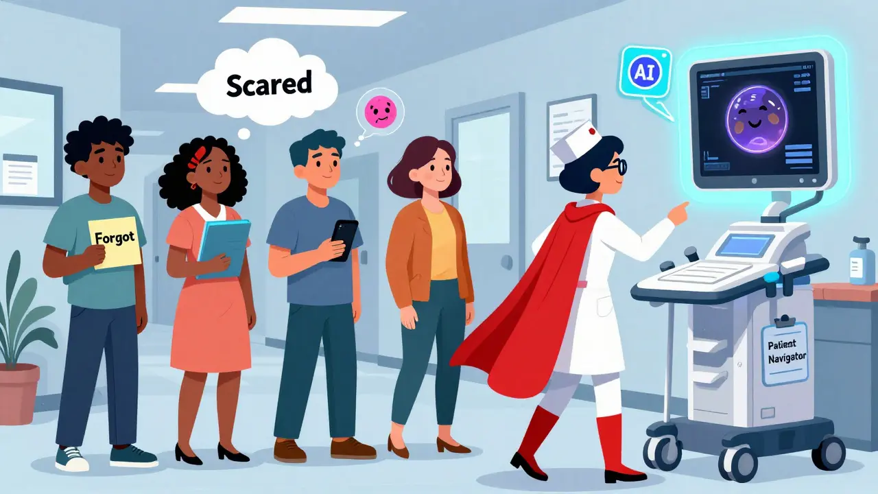 Diverse patients guided by a nurse superhero toward ultrasound screening in cartoon style.