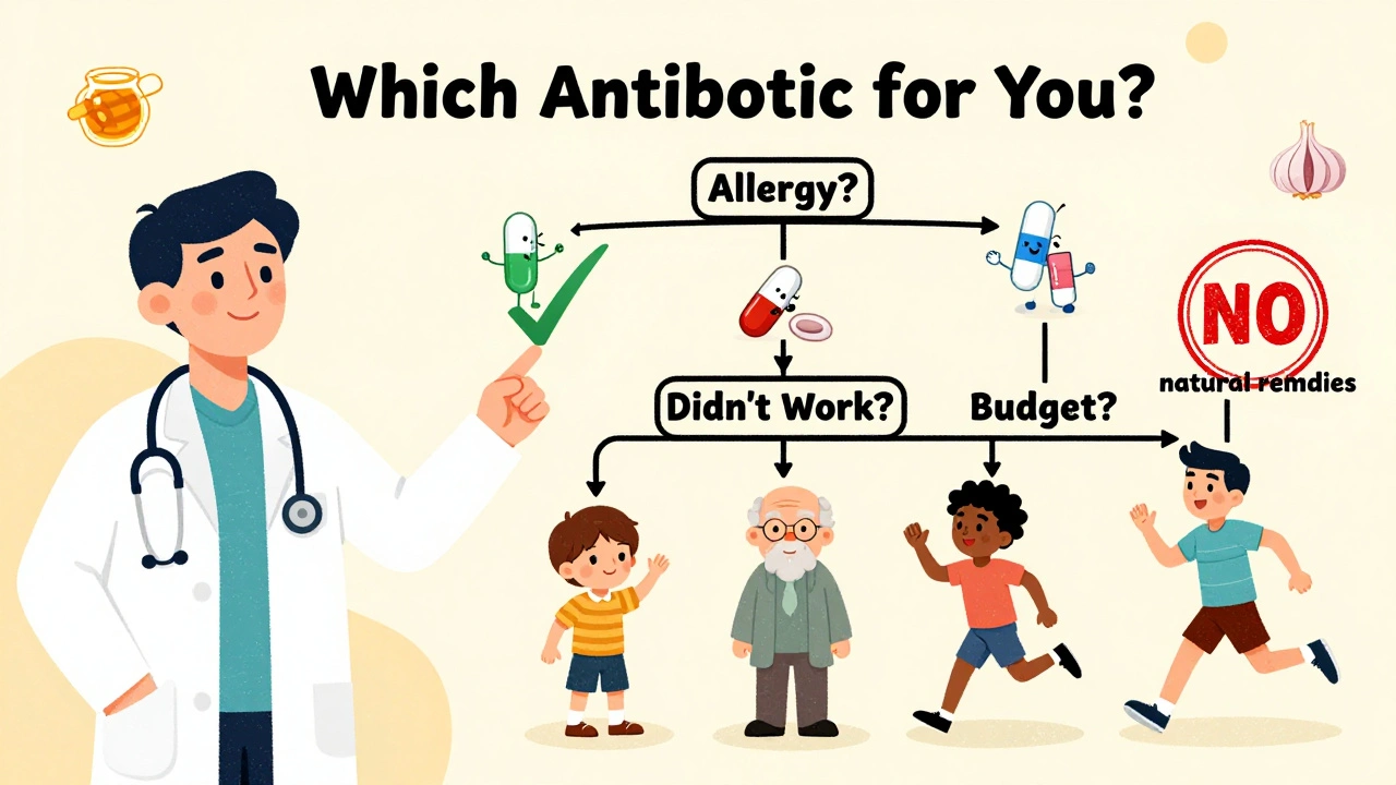 Doctor guiding diverse patients through antibiotic choice flowchart with icons