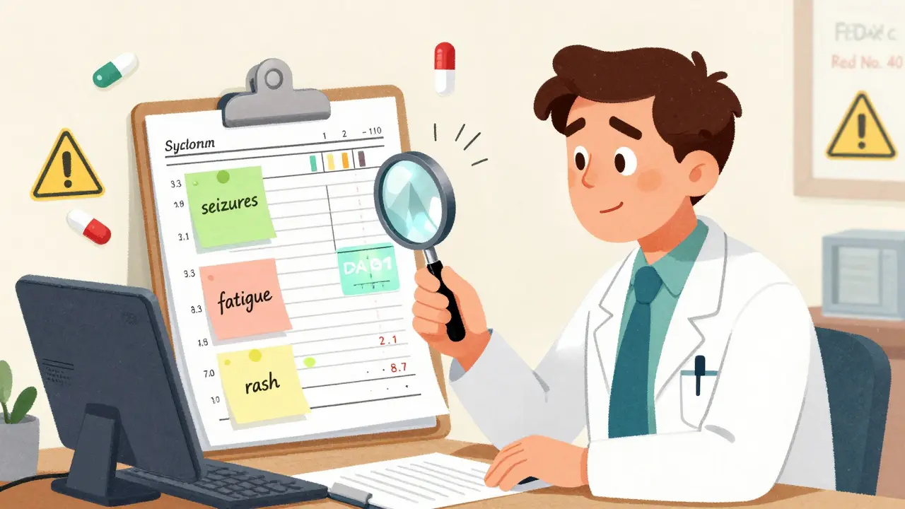 Doctor reviewing symptom log and lab results showing TSH spike with DAW-1 on tablet