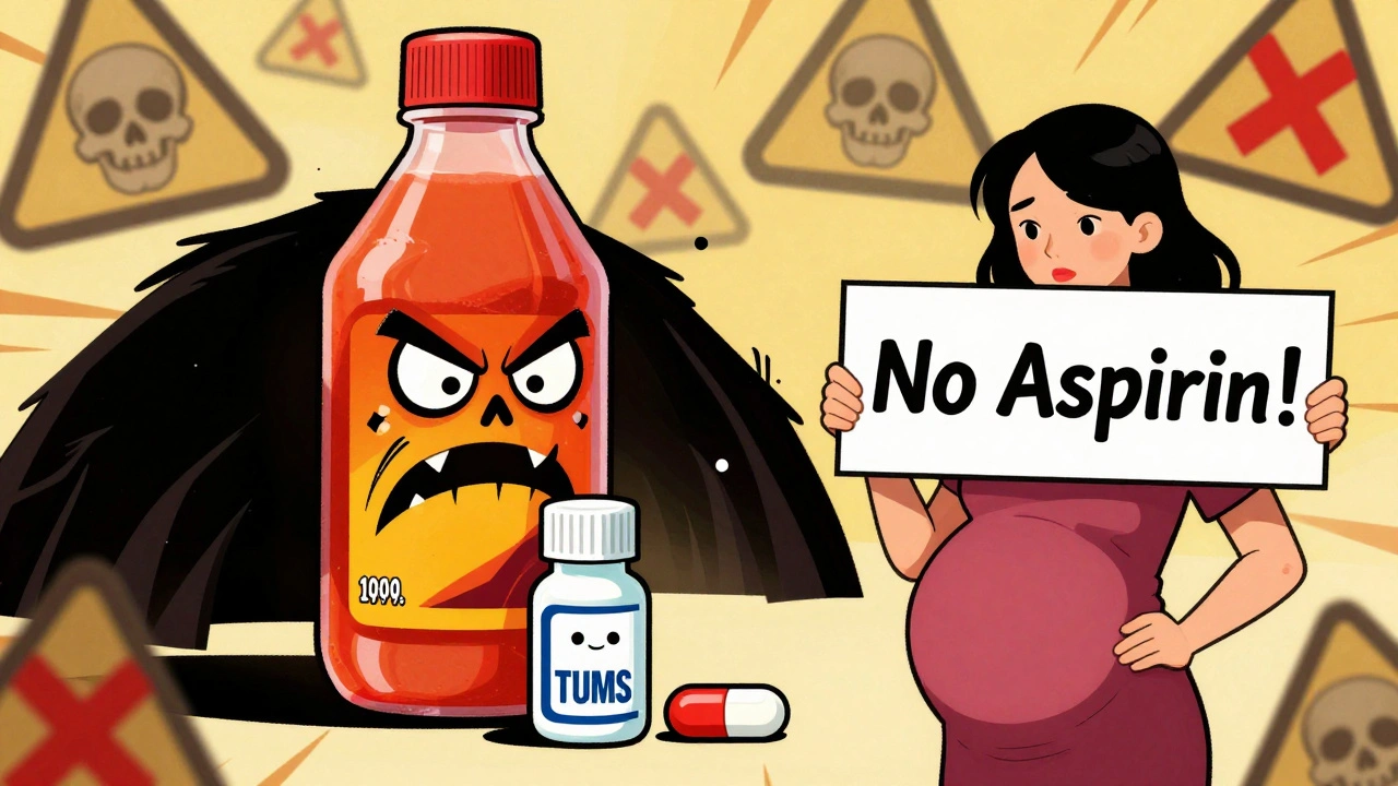 Dramatic cartoon battle between safe heartburn meds and dangerous Pepto-Bismol.