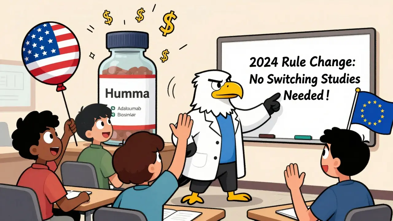 FDA eagle teaching students about 2024 rule change with biosimilar vials and falling dollar signs