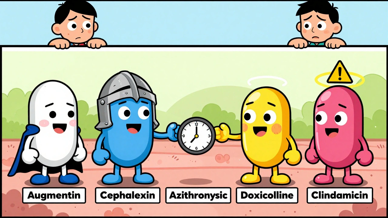 Five colorful antibiotic characters standing on infection battlefields with unique traits