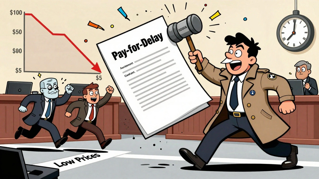 FTC detective smashing a pay-for-delay contract as generic manufacturers race to low prices.