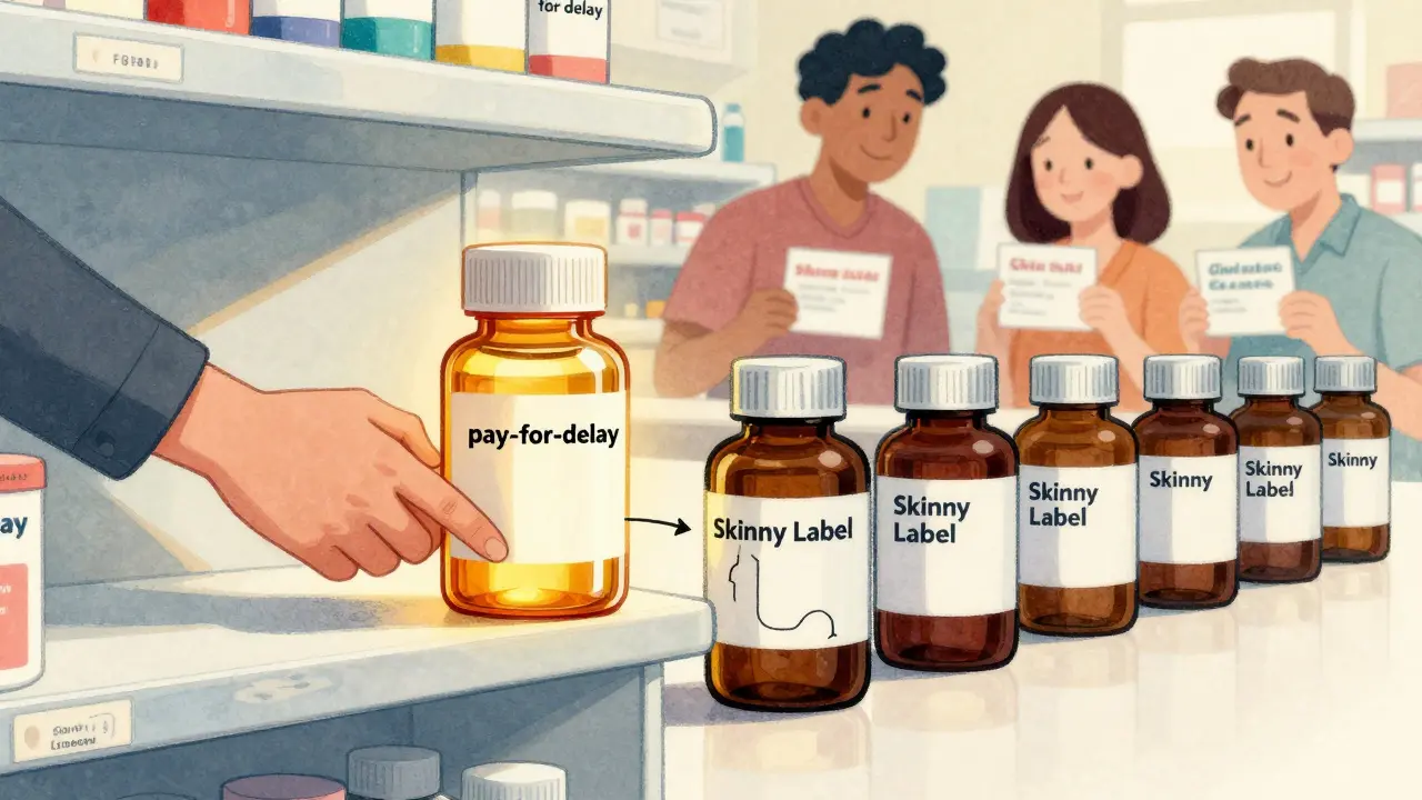 Generic drugs with skinny labels marching past pay-for-delay handshakes on a pharmacy shelf