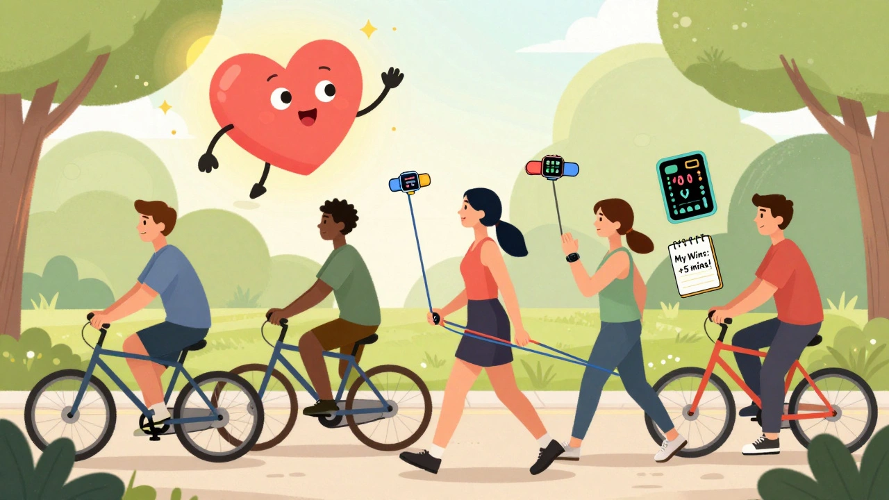 Group exercising in park with wearable tech and journal showing progress milestones.