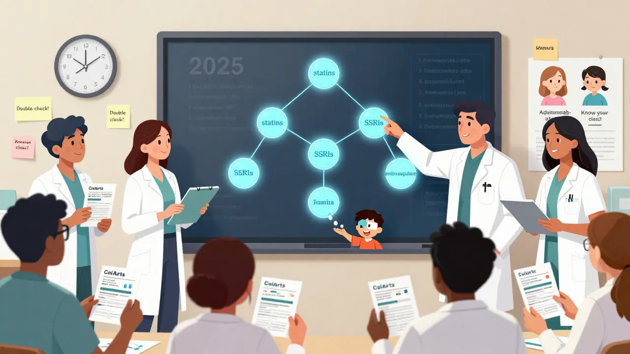 Group of pharmacy techs learning drug classes on a glowing whiteboard, with a patient smiling as the right pill is dispensed.