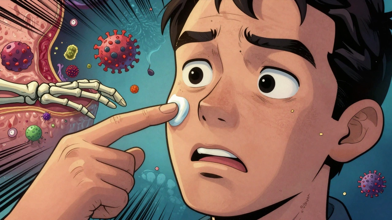 Hand applying cream that turns into tiny hands damaging skin while infections emerge