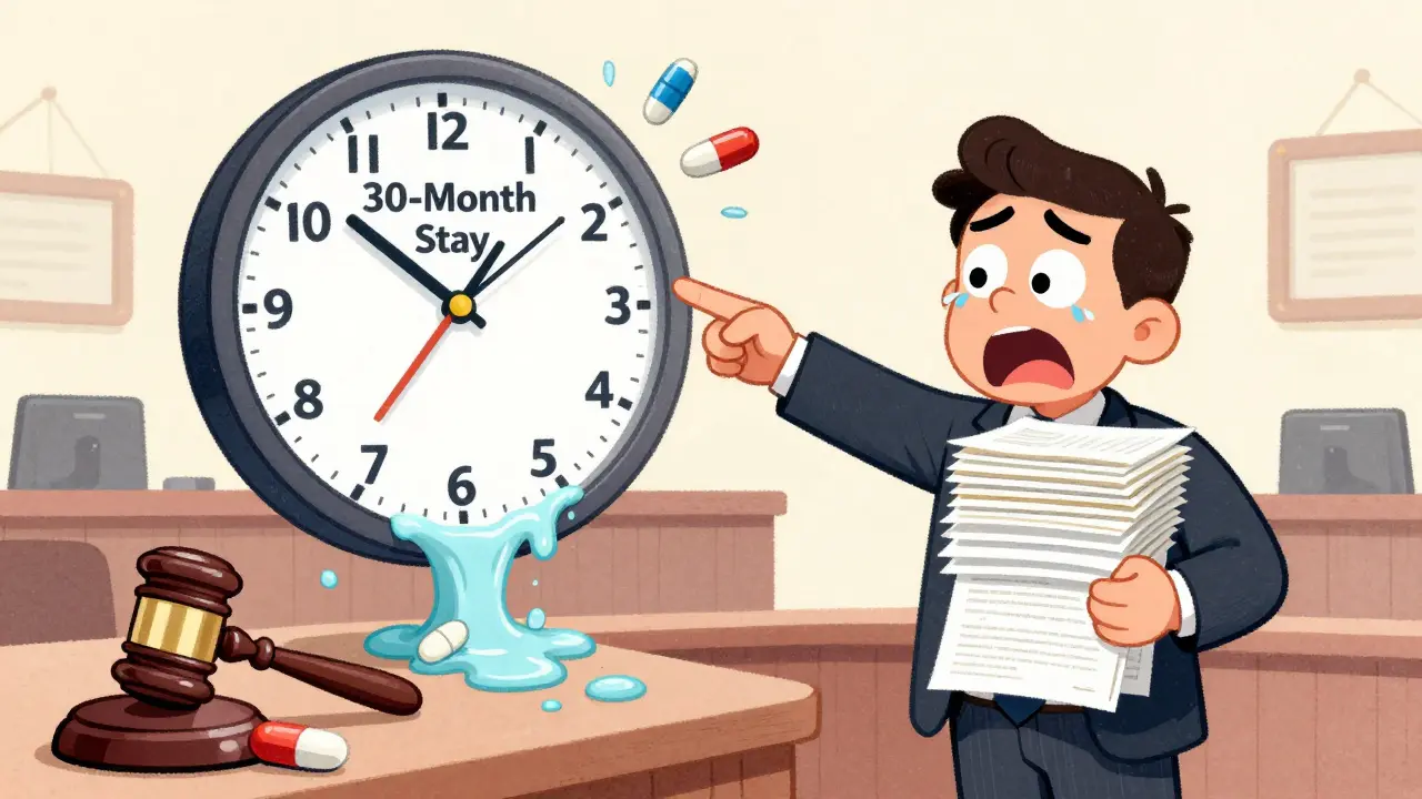 Lawyer pointing at a melting 30-month clock in a courtroom full of patents