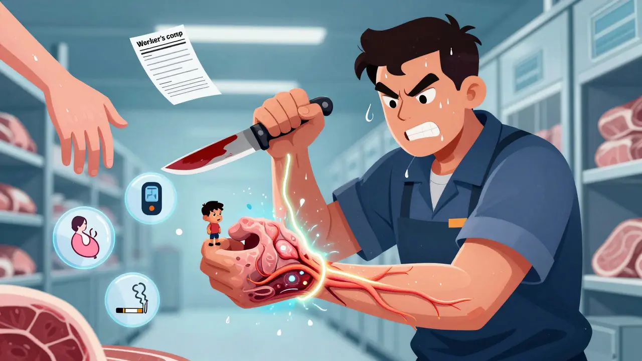 Meatpacker gripping knife, swollen wrist with glowing nerve under pressure, risk factors floating nearby.