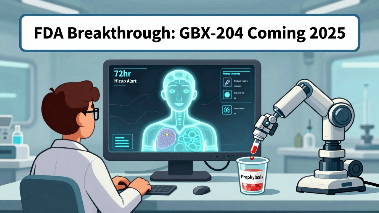 Medical lab with screen showing 72-hour hiccup alert, robot dispensing baclofen pill.