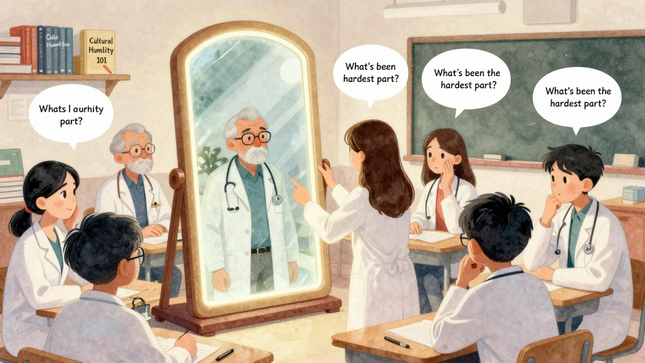 Medical students practice empathy in a surreal classroom, seeing diverse patients reflected in a glowing mirror.