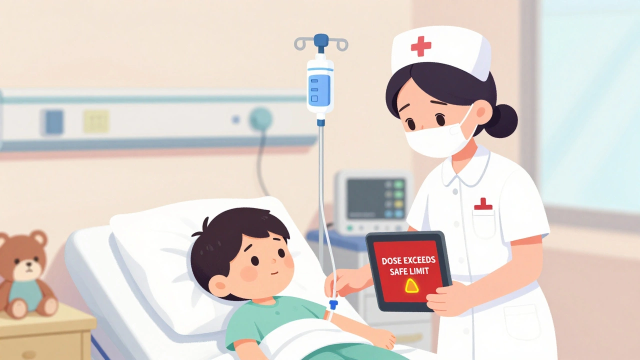 Nurse administering insulin to a child while an infusion pump displays a safety alert.