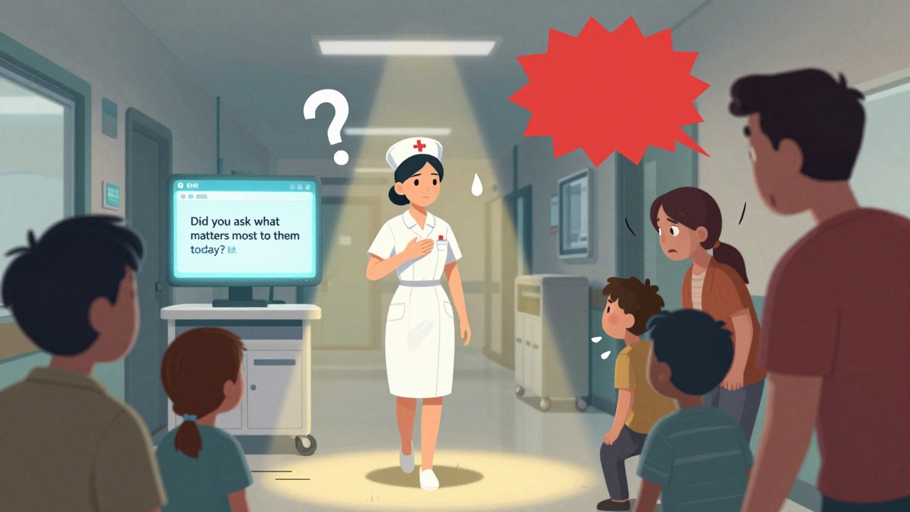 Nurse pauses in hallway, calm amid family tension, with a gentle EHR prompt glowing nearby.