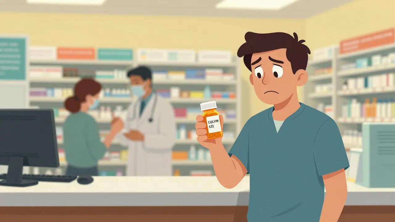 Patient confused by changed medication at community pharmacy, contrasted with organized hospital swap.