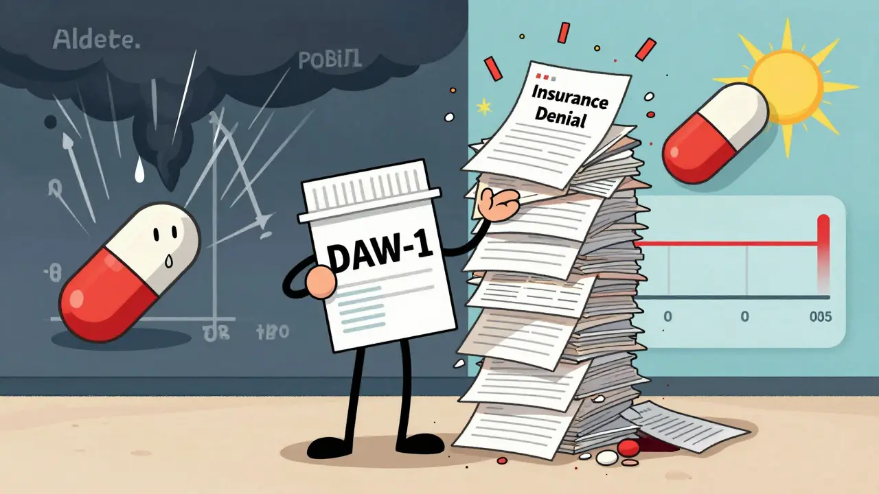 Patient holding prescription with DAW-1 as insurance denials crumble into confetti