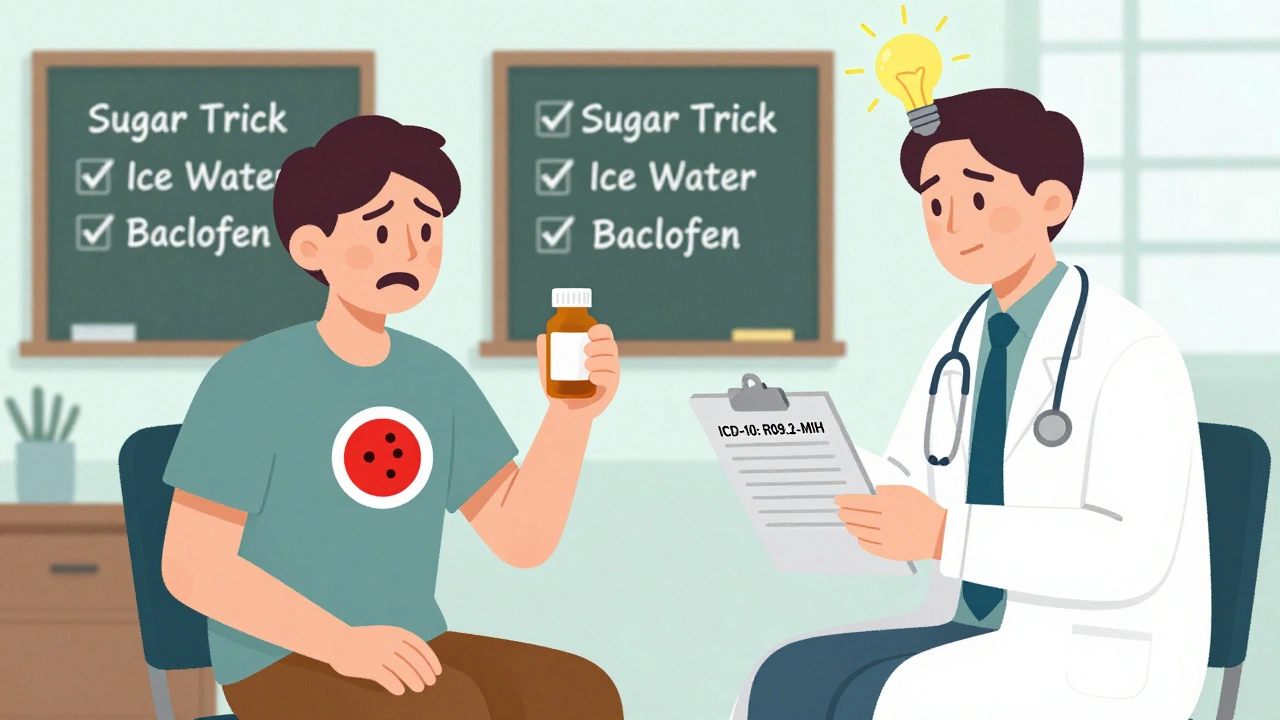 Patient with hiccup symbol rising from chest, doctor points to clipboard with treatment options.