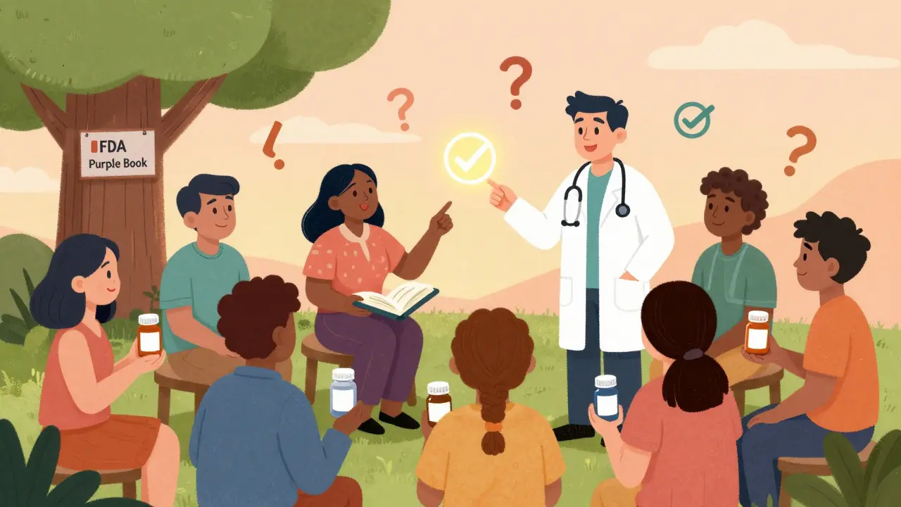 Patients gathered around a glowing FDA Purple Book, one holding a biosimilar, doctor smiling nearby with checkmark stethoscope.