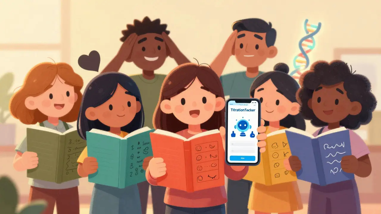 Patients tracking symptoms in journals with an AI app and genetic helix nearby, symbolizing personalized medicine.