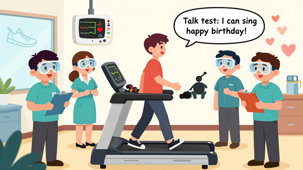 Person walking on treadmill in rehab center with staff and heart rate monitor visuals.