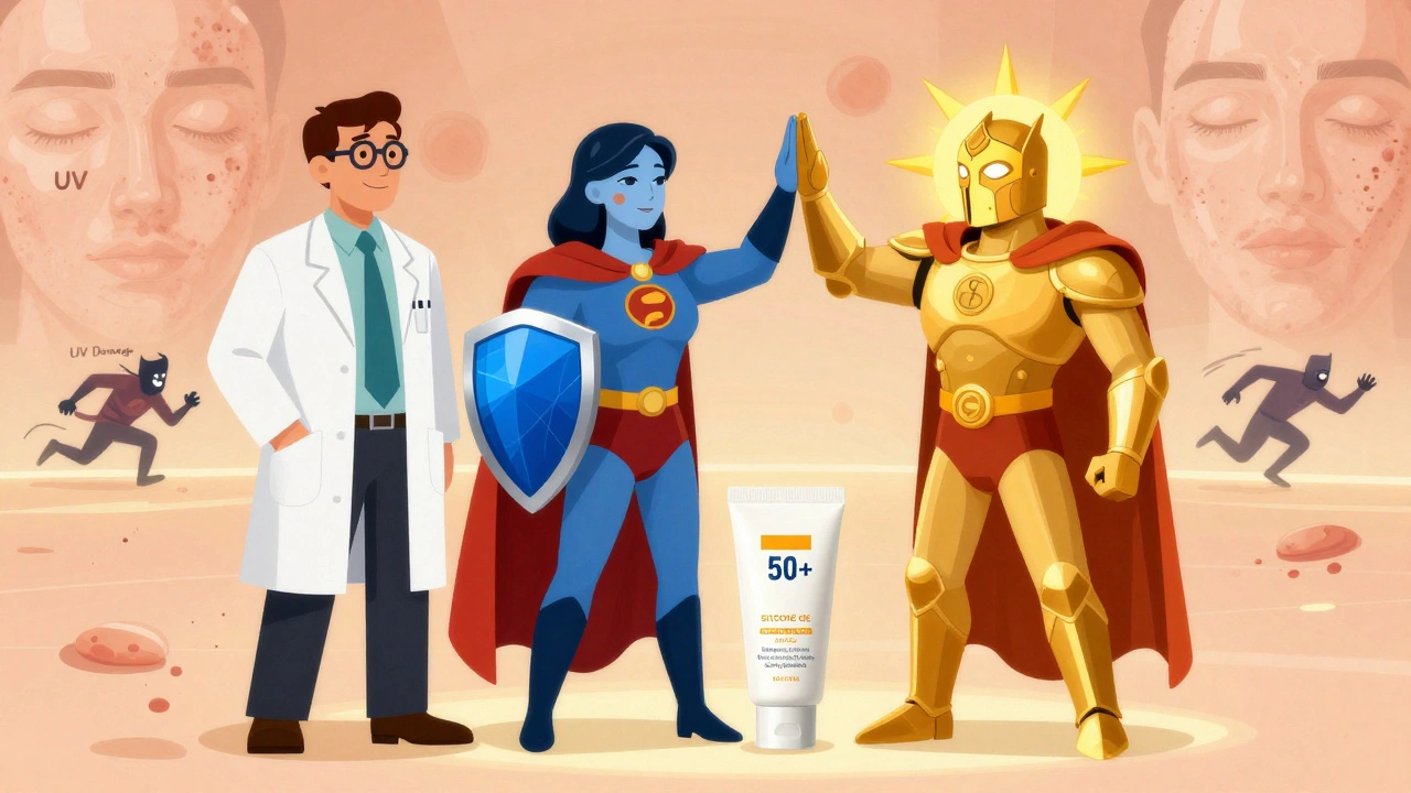 Skincare superheroes—tretinoin, silicone gel, and SPF—team up to defeat acne scars and UV damage.