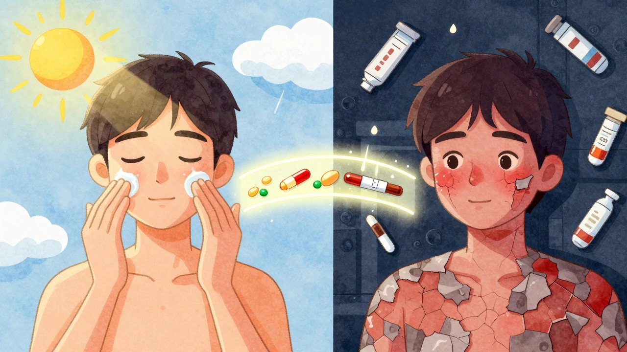 Split illustration: healthy skin vs damaged skin with ceramide bridge connecting them