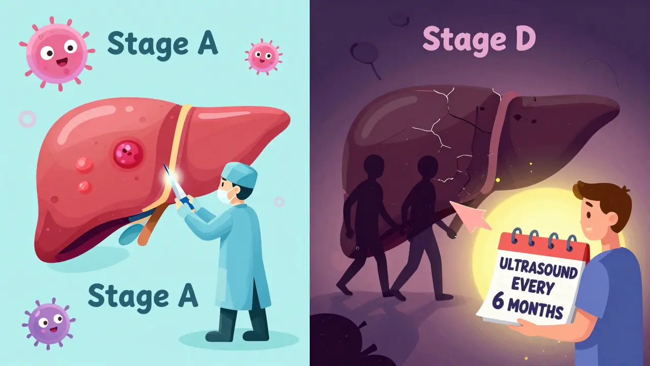Split scene showing early-stage liver cancer treatment versus end-stage, with calendar reminder.