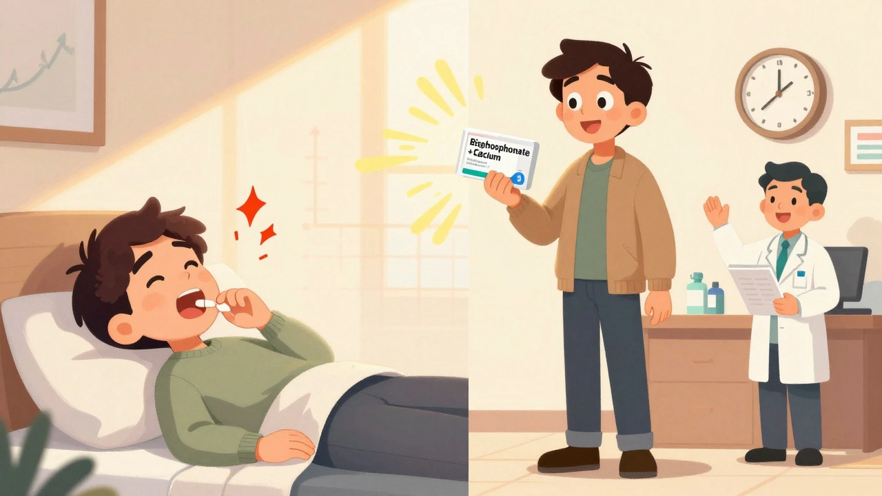Split scene: wrong way pill intake vs correct routine with combo pack and pharmacist guiding.