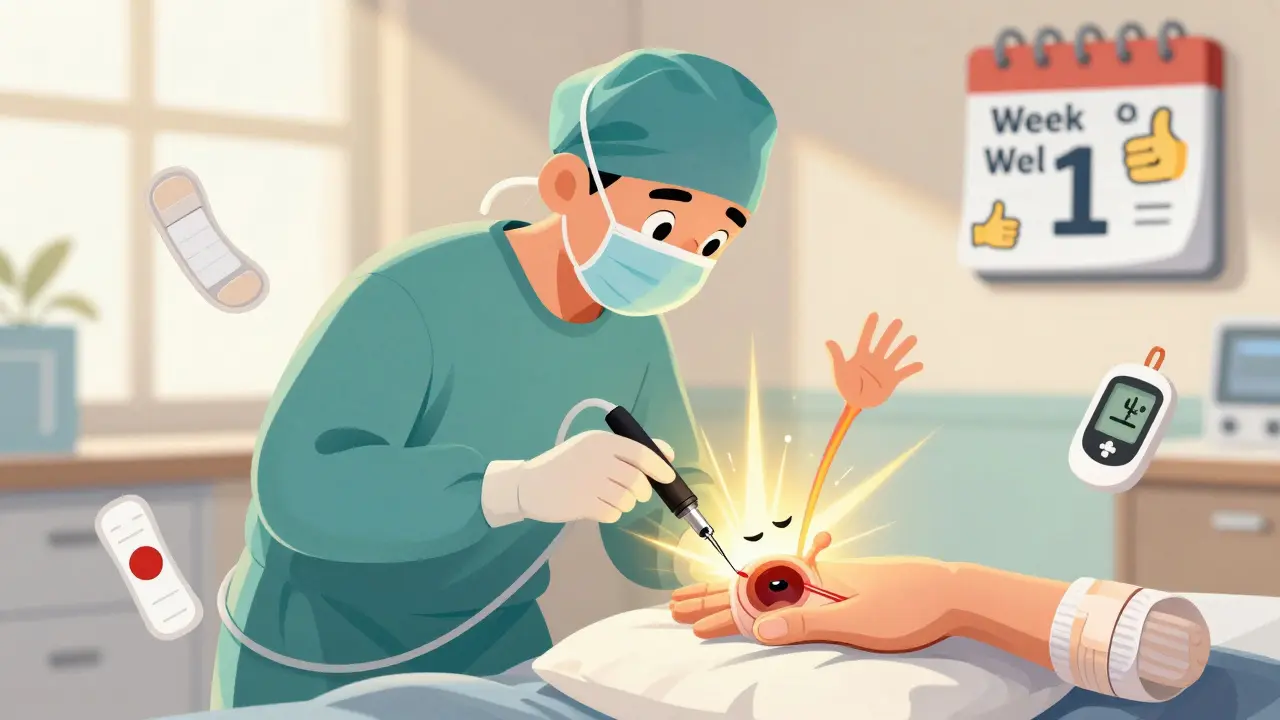 Surgeon cutting ligament to release compressed nerve, golden light bursts out, recovery icons surround hand.