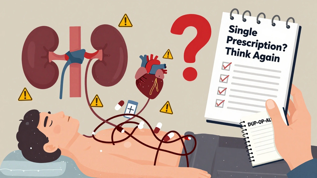 Tangled web of pills and organs above a patient, with a question mark and DUP-OP-ALT checklist.