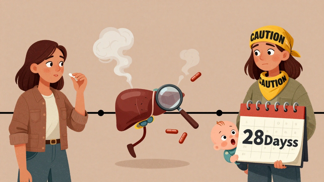 Timeline showing rifampin use, hormone loss, and 28-day caution period with surprise baby