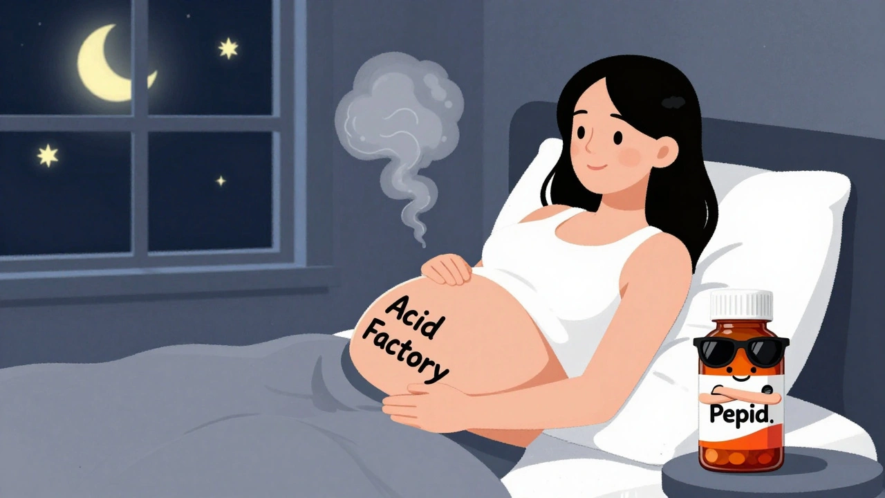 Woman sleeping comfortably with wedge pillow, cartoon Pepcid bottle beside her at night.