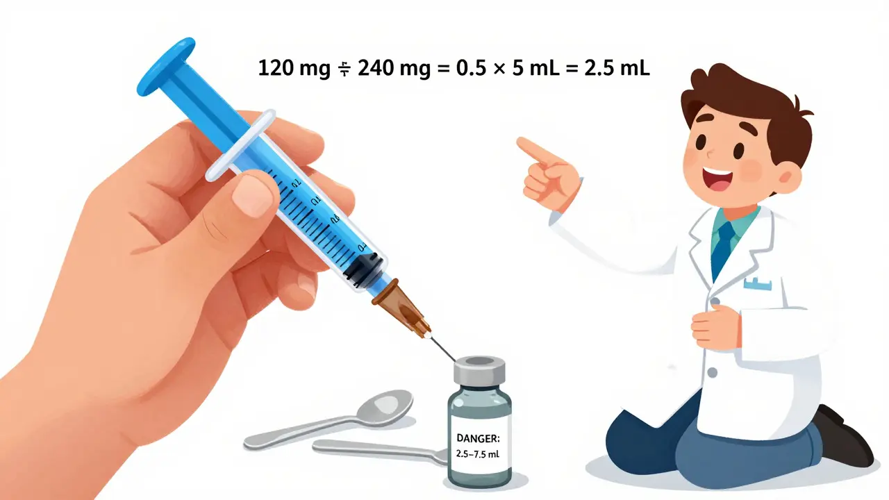 A child using a calibrated oral syringe to measure liquid medicine with pharmacist guiding eye-level measurement.
