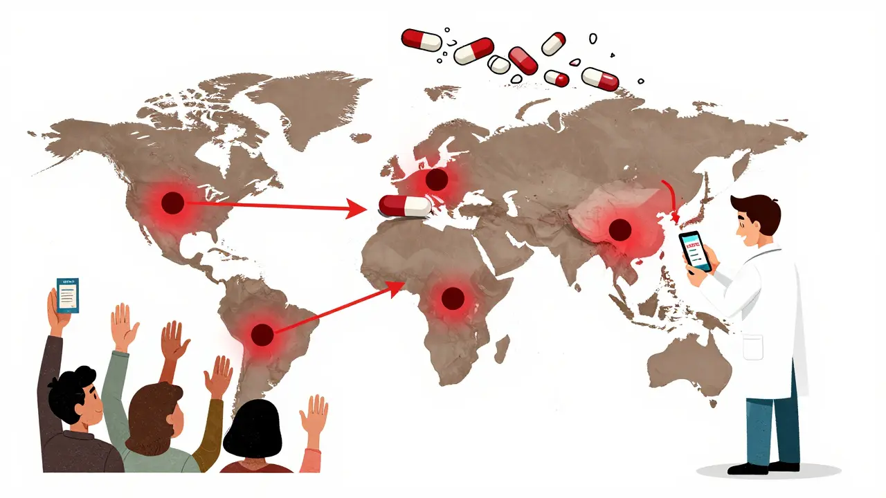 A global map showing counterfeit drug hotspots with a hero verifying medicine using a smartphone app.
