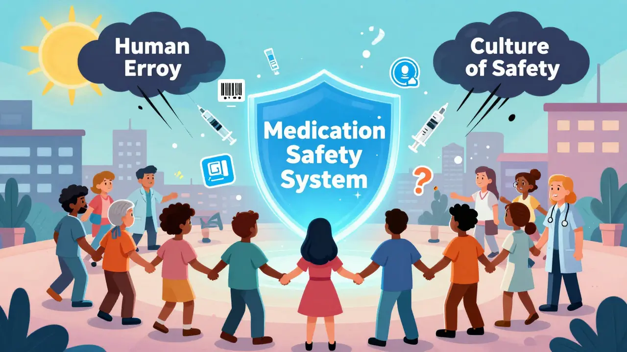 A human chain protecting a glowing safety system with icons of tech and patient questions, pushing away a dark 'Human Error' cloud.