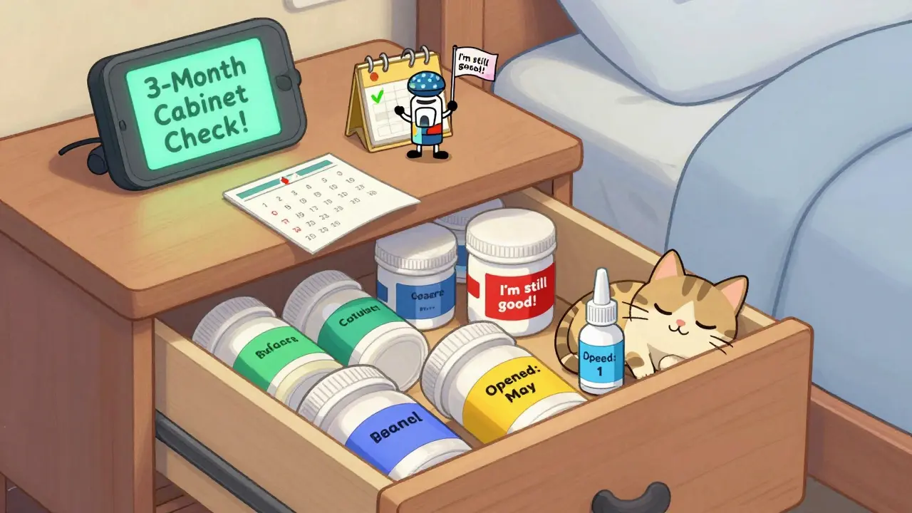 A neatly organized bedroom drawer with labeled medicine bottles and a phone alarm reminding the user to check expiration dates.