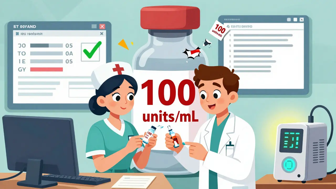 A nurse and pharmacist double-checking a large insulin vial with warning labels, beside a glowing smart pump and approved EHR screen.