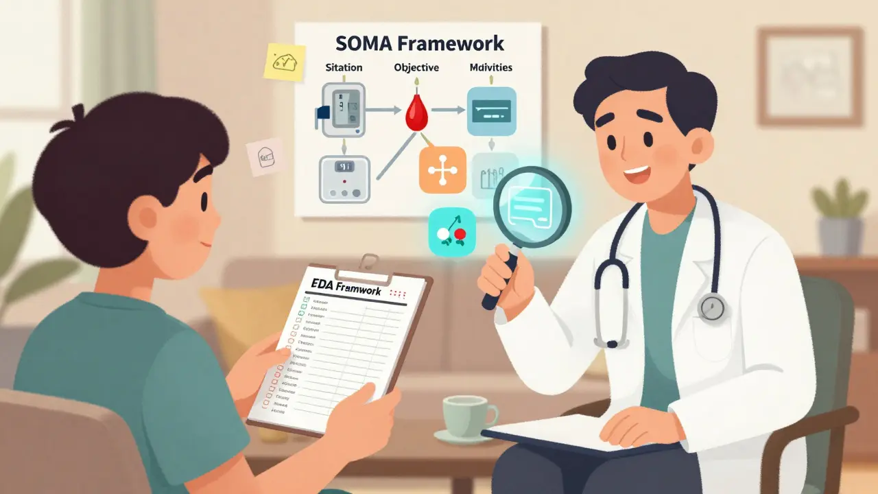 A patient and doctor reviewing a symptom diary and medication list with floating health icons and a SOMA framework chart.