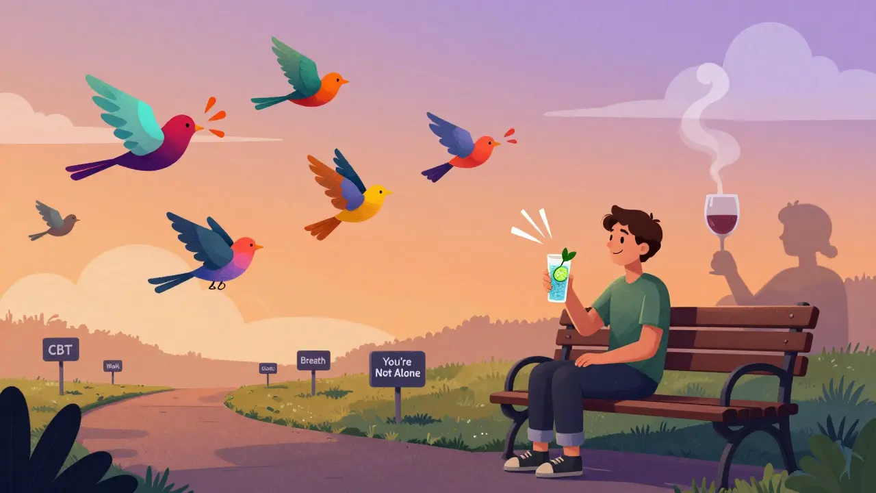 A person enjoying sparkling water on a park bench, surrounded by symbolic birds, as a wine glass fades into smoke.