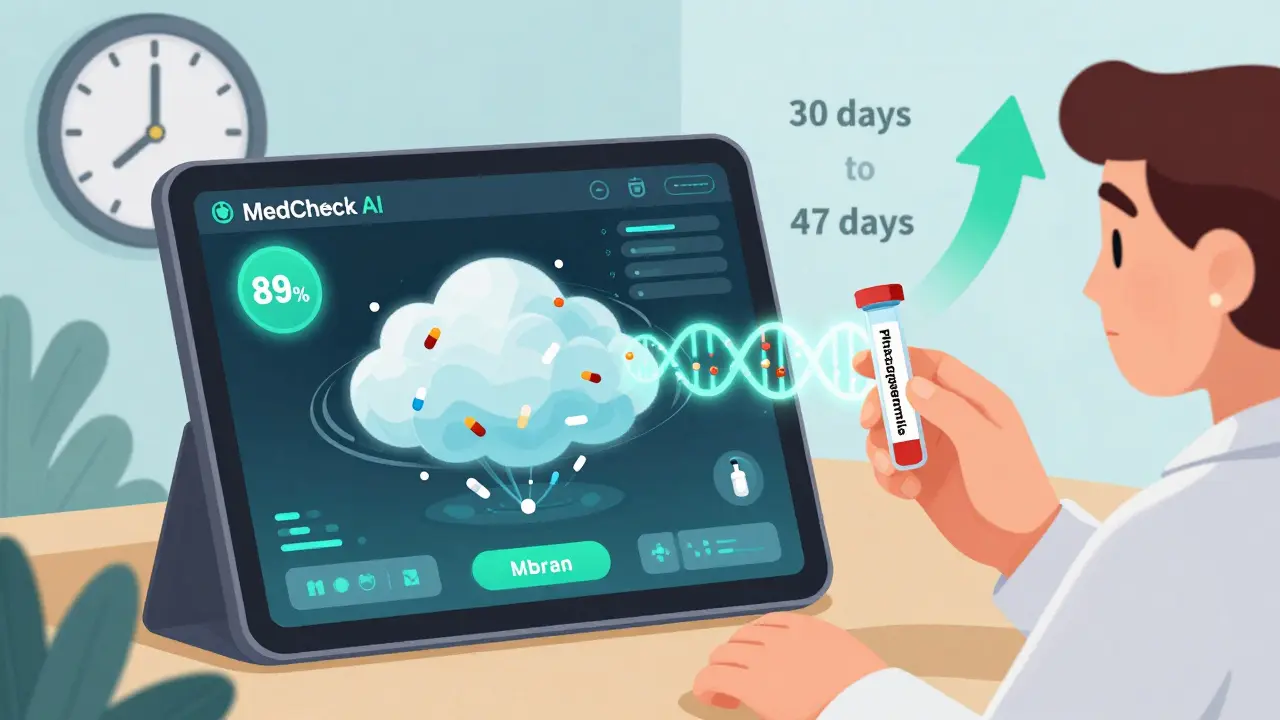 A person holding a genetic test vial as an AI tablet analyzes medication interactions with a glowing 89% accuracy badge.