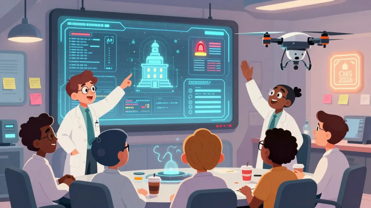 A quirky team of specialists watches AI predictions on a holographic screen, preparing for drug shortages.