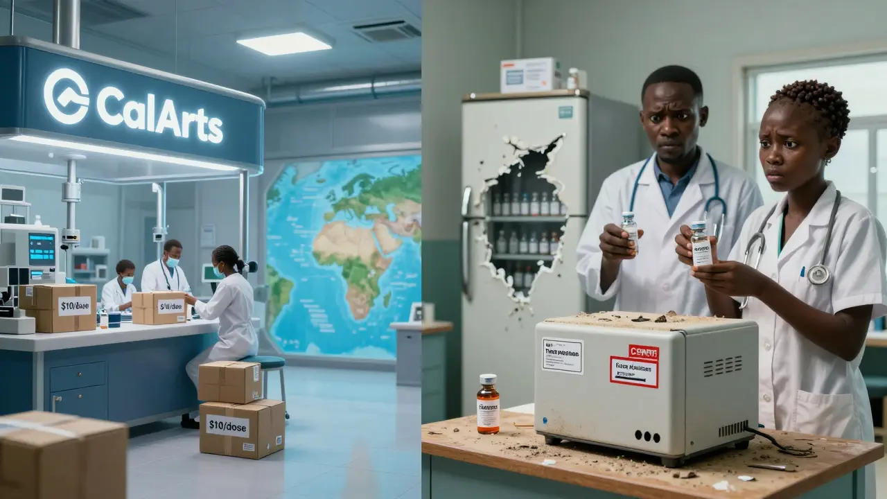 A rich country's vaccine factory ships doses to an African clinic with expired vials and broken cold chain in CalArts illustration.