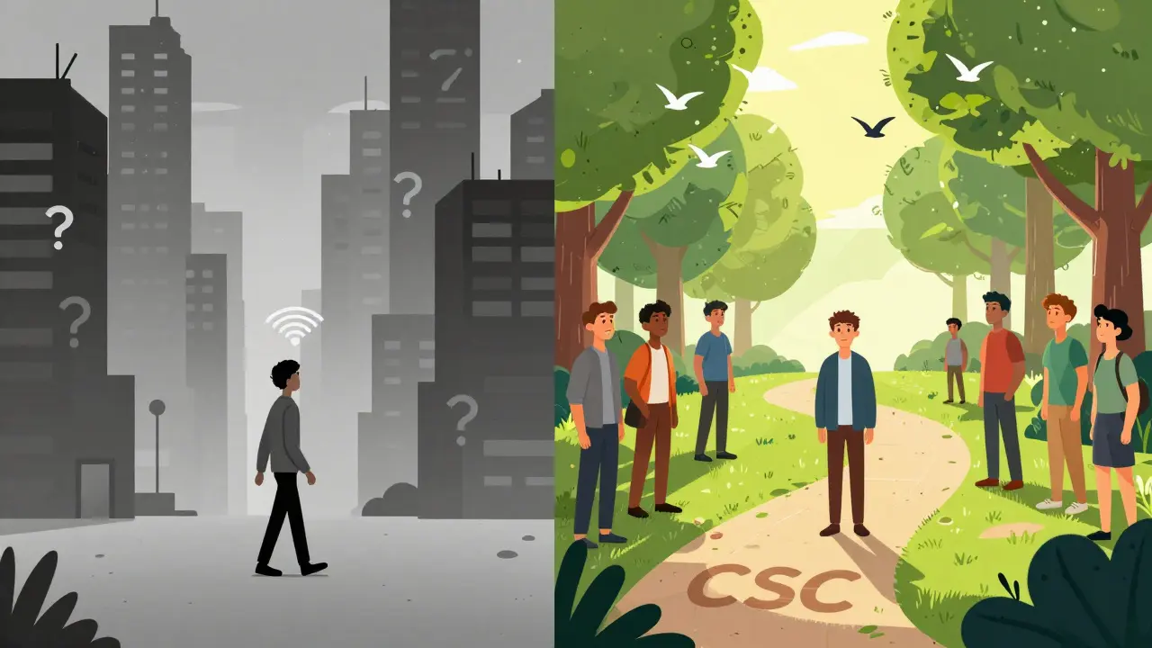 A split scene showing a person moving from isolation in a gray city to recovery in a colorful, hopeful park.