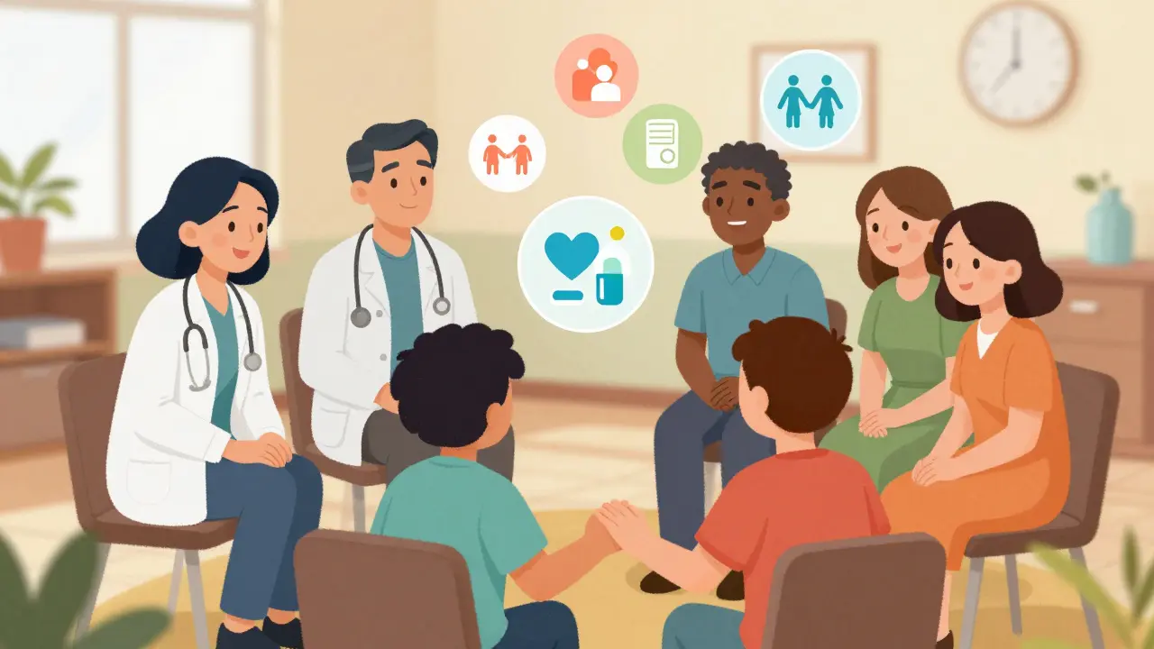 A supportive care team gathered in a circle with a young person, symbols of therapy and education floating around them.