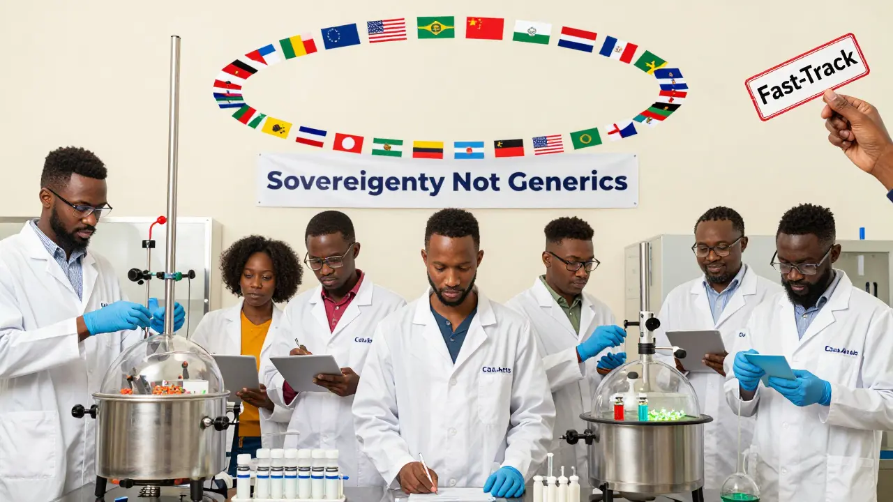 African scientists operate a local vaccine factory with bioreactors and vials, under a circle of global flags in CalArts style.