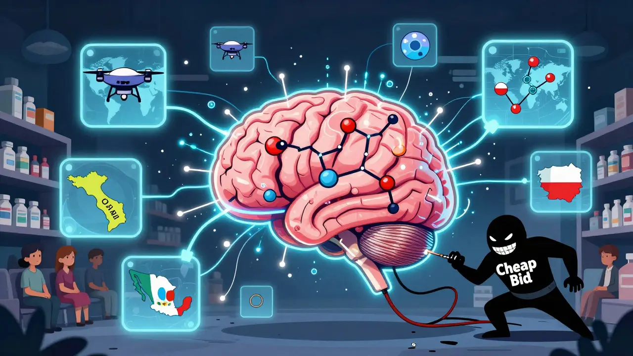 An AI brain maps global drug supply routes with drones and international nodes, fighting off a 'Cheap Bid' villain.