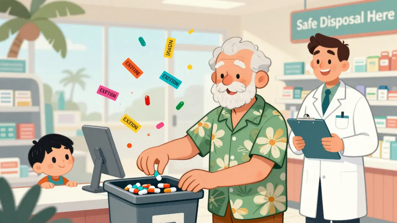 An elderly man disposing of expired medicine at a pharmacy while a pharmacist helps him, colorful labels floating in the air.
