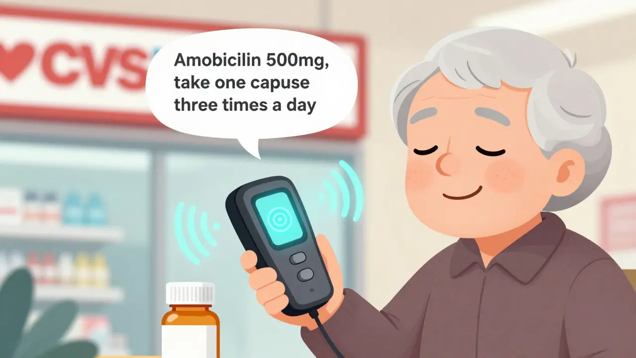An elderly person using a handheld device that reads prescription info aloud, with sound waves floating from the bottle.