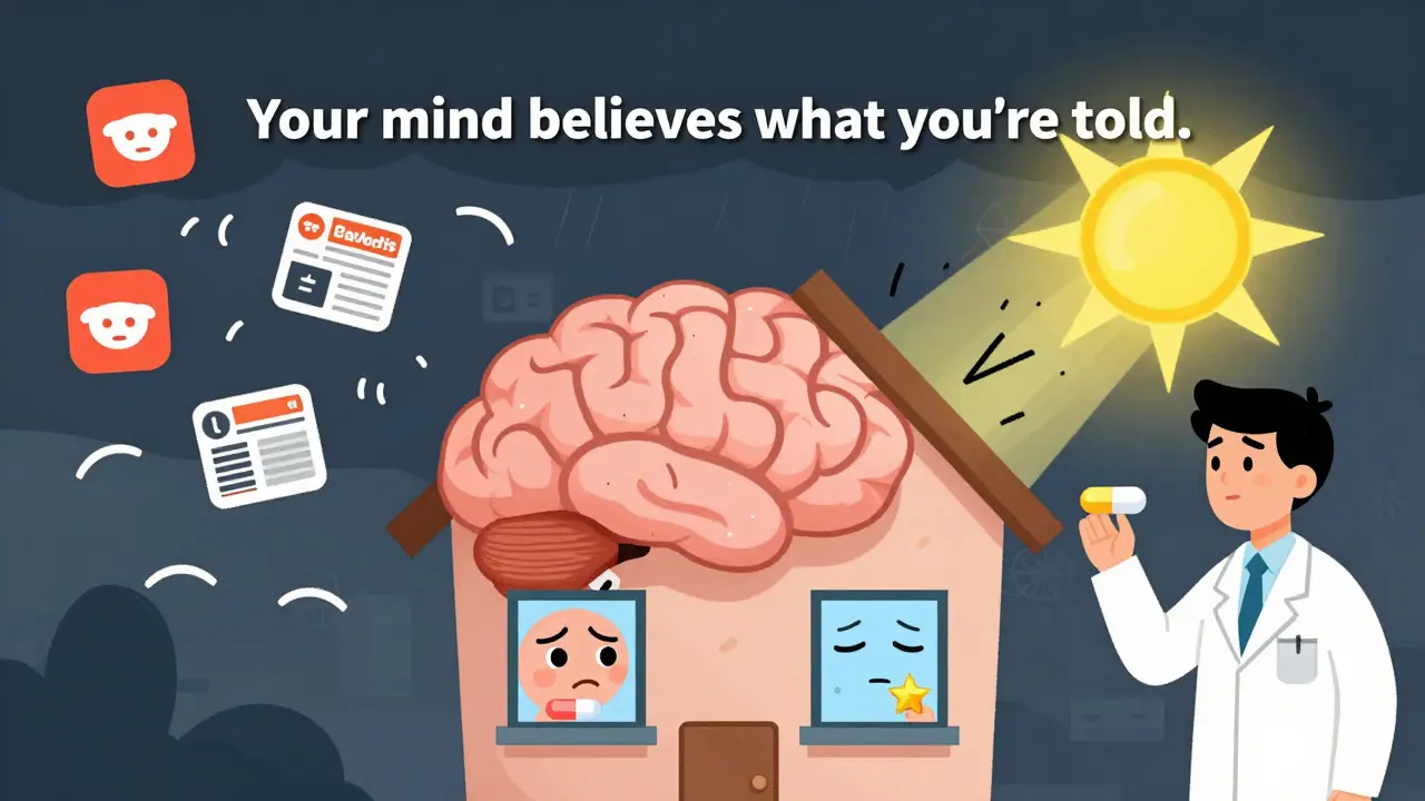 Cartoon brain house with contrasting emotions, surrounded by negative social media symbols being dispelled by a warm voice beam.