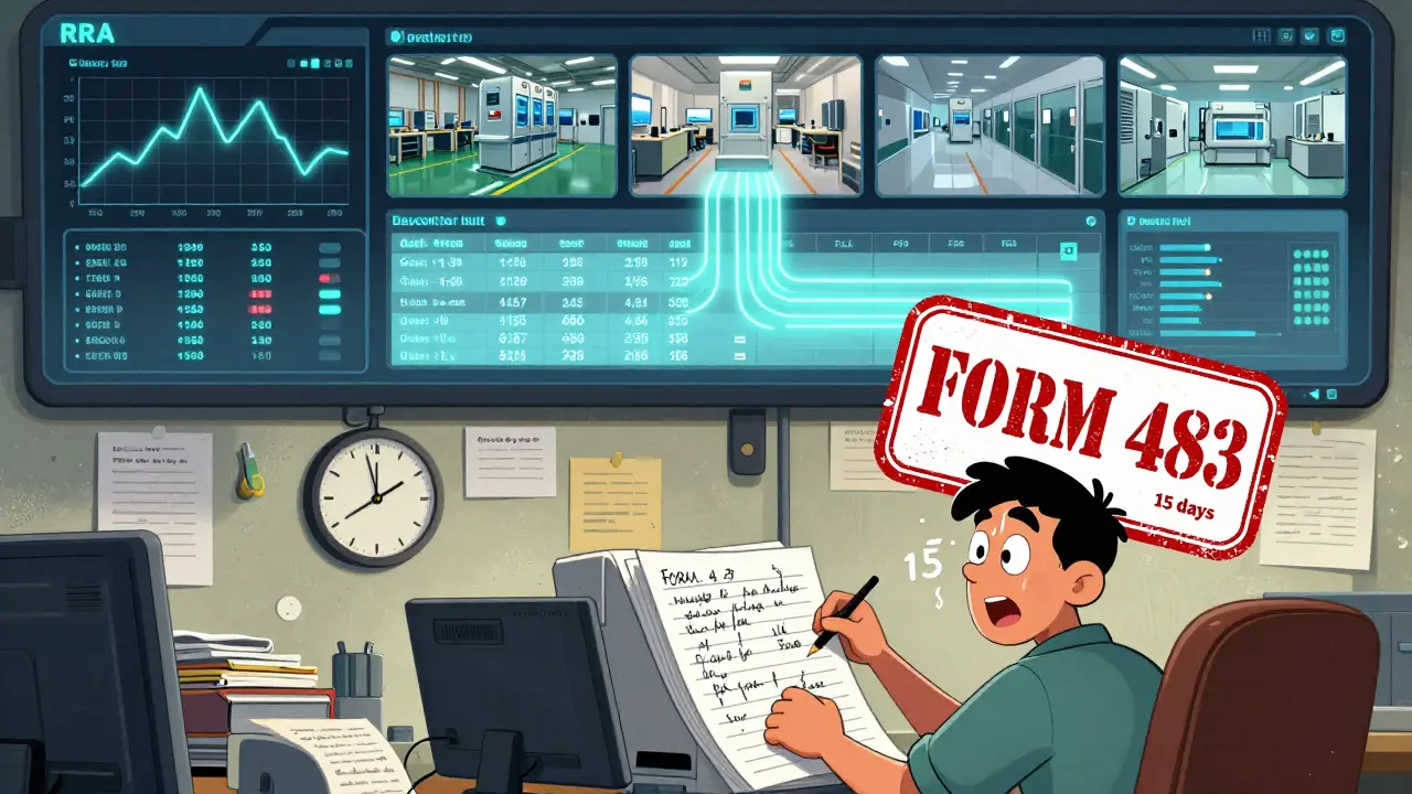 Digital RRA dashboard glowing beside a chaotic paper-filled office with a looming FDA 483 stamp.